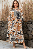White Plus Size Abstract Print Contrast Collar Split Neck Shift Long Dress