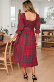 Green Tartan Plaid Square Neck Puff Sleeve Knot Waist Flared Midi Dress