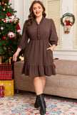 Coffee Plus Size Frilled Trim V Neck Puff Sleeve Textured Mini Dress