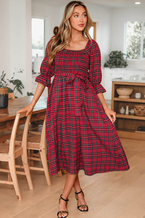 Green Tartan Plaid Square Neck Puff Sleeve Knot Waist Flared Midi Dress