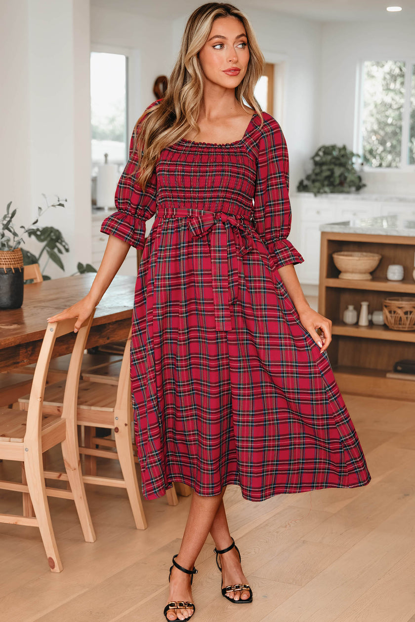 Green Tartan Plaid Square Neck Puff Sleeve Knot Waist Flared Midi Dress
