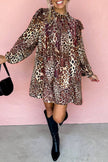 Brown Leopard Ruffled Detail Long Sleeve Loose Mini Dress