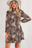 Brown Leopard Ruffled Detail Long Sleeve Loose Mini Dress