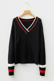 Black Contrast Striped Trim V Neck Drop Shoulder Sweater
