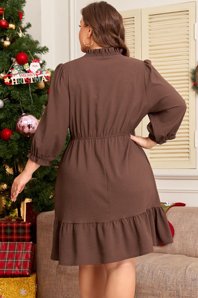 Coffee Plus Size Frilled Trim V Neck Puff Sleeve Textured Mini Dress
