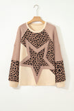 Light French Beige Leopard Star Color Block Patchwork Textured Baggy Sweatshirt