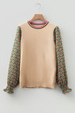 Apricot Floral Patchwork Shirred Cuff Puff Sleeve Sweater