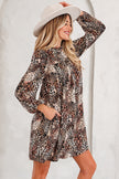 Brown Leopard Ruffled Detail Long Sleeve Loose Mini Dress