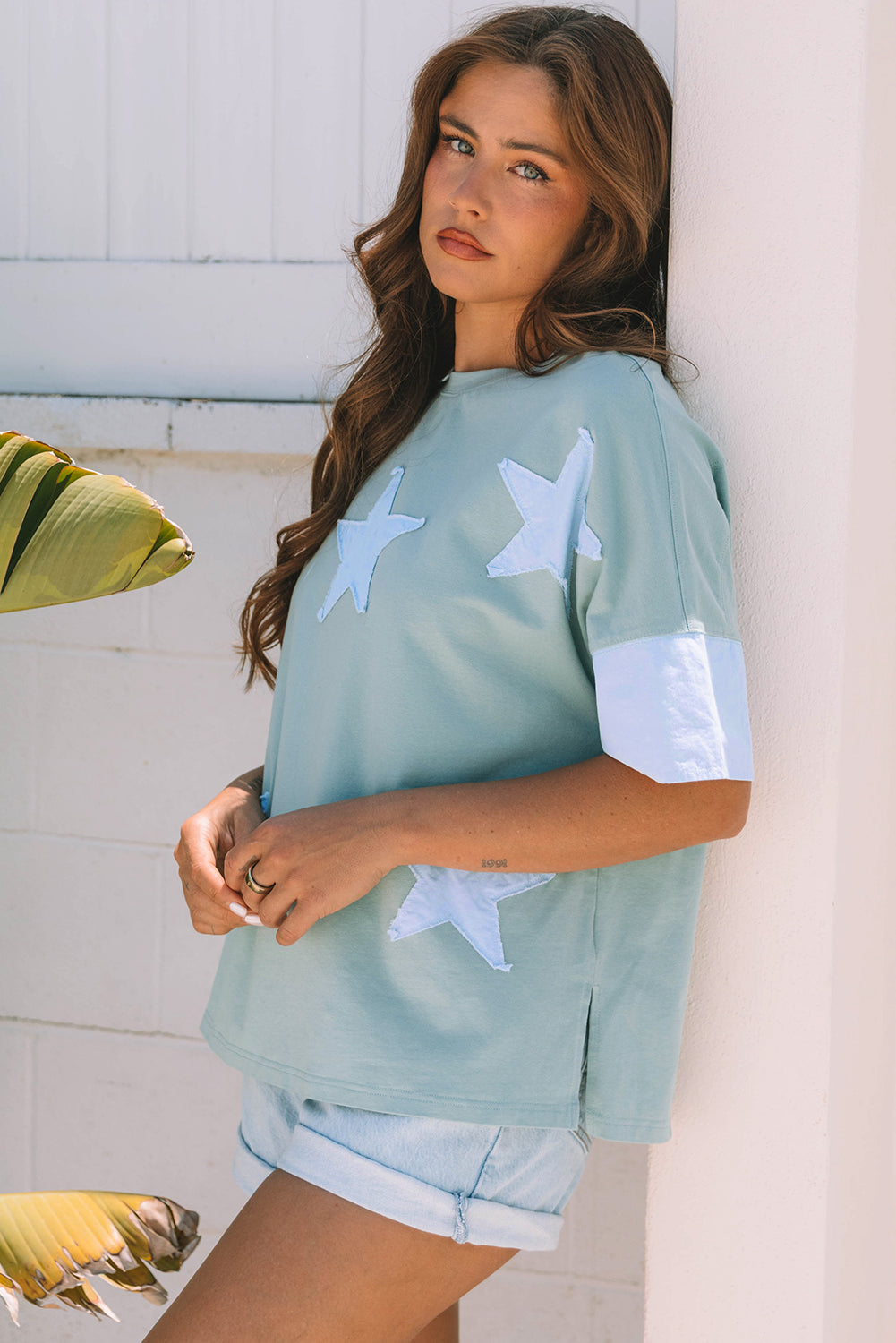 Aruba Blue Frayed Denim Star Patched Oversize T Shirt