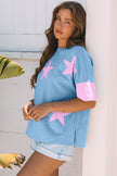 Aruba Blue Frayed Denim Star Patched Oversize T Shirt