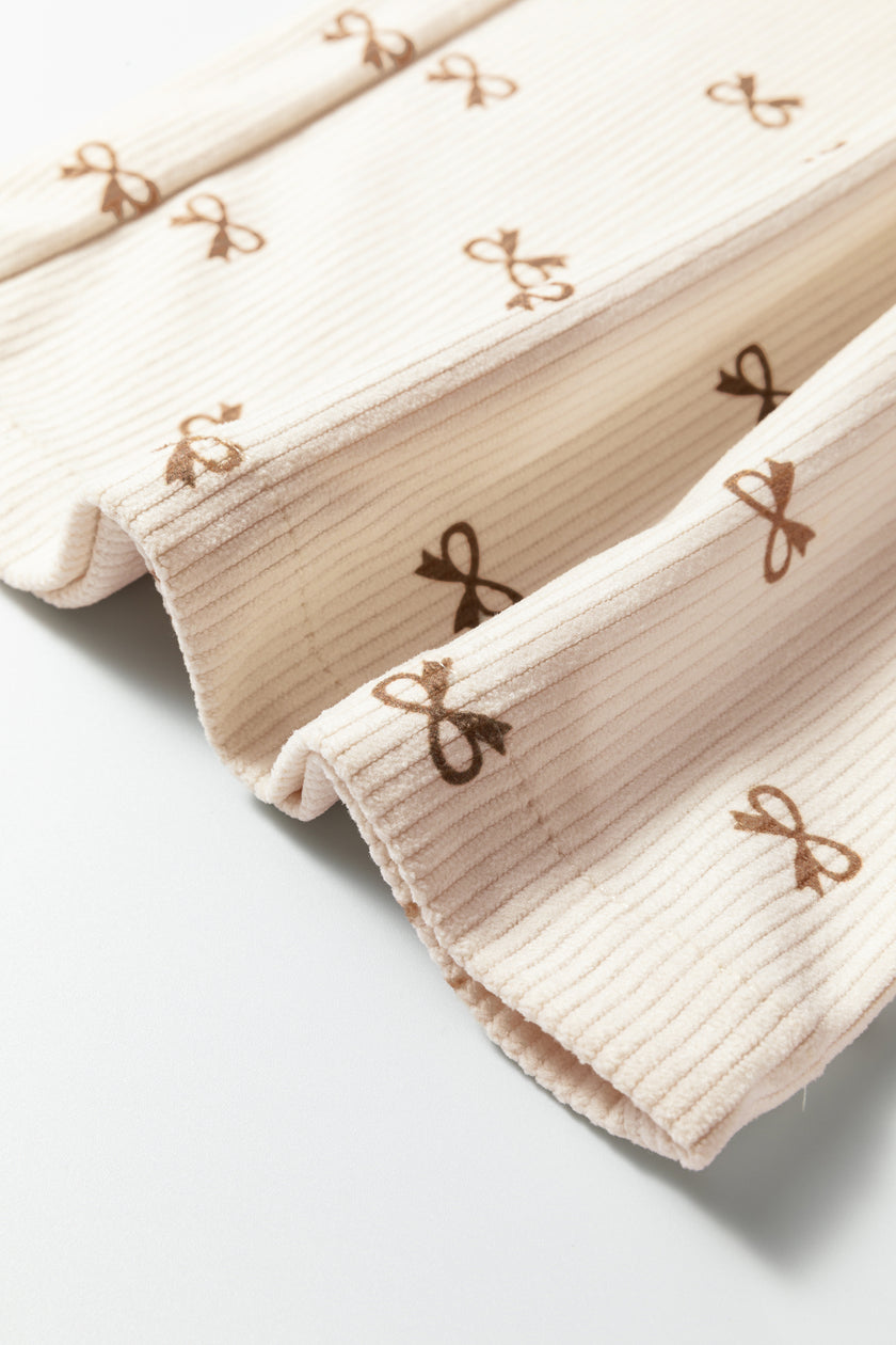 Apricot Bow Print Drawstring Elastic Waist Loose Corduroy Pants