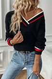 Black Contrast Striped Trim V Neck Drop Shoulder Sweater