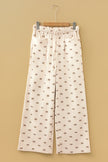 Apricot Bow Print Drawstring Elastic Waist Loose Corduroy Pants