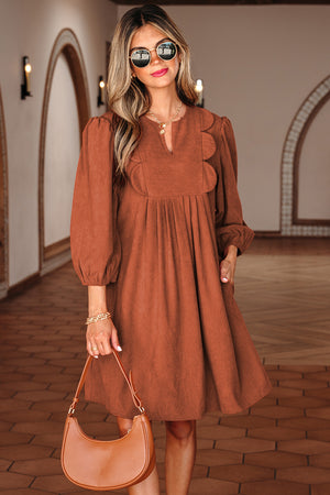 Cinnamon Bracelet Sleeve Split Neck Scallop Detail Pleated Corduroy Mini Dress