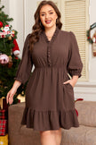 Coffee Plus Size Frilled Trim V Neck Puff Sleeve Textured Mini Dress