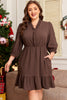 Coffee Plus Size Frilled Trim V Neck Puff Sleeve Textured Mini Dress