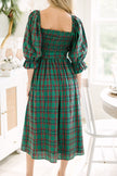 Green Tartan Plaid Square Neck Puff Sleeve Knot Waist Flared Midi Dress