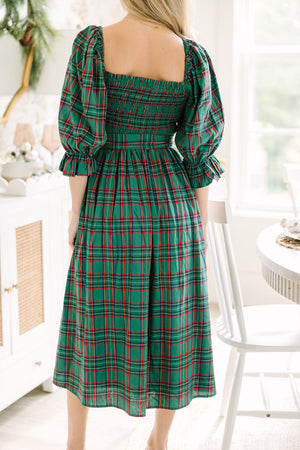 Green Tartan Plaid Square Neck Puff Sleeve Knot Waist Flared Midi Dress