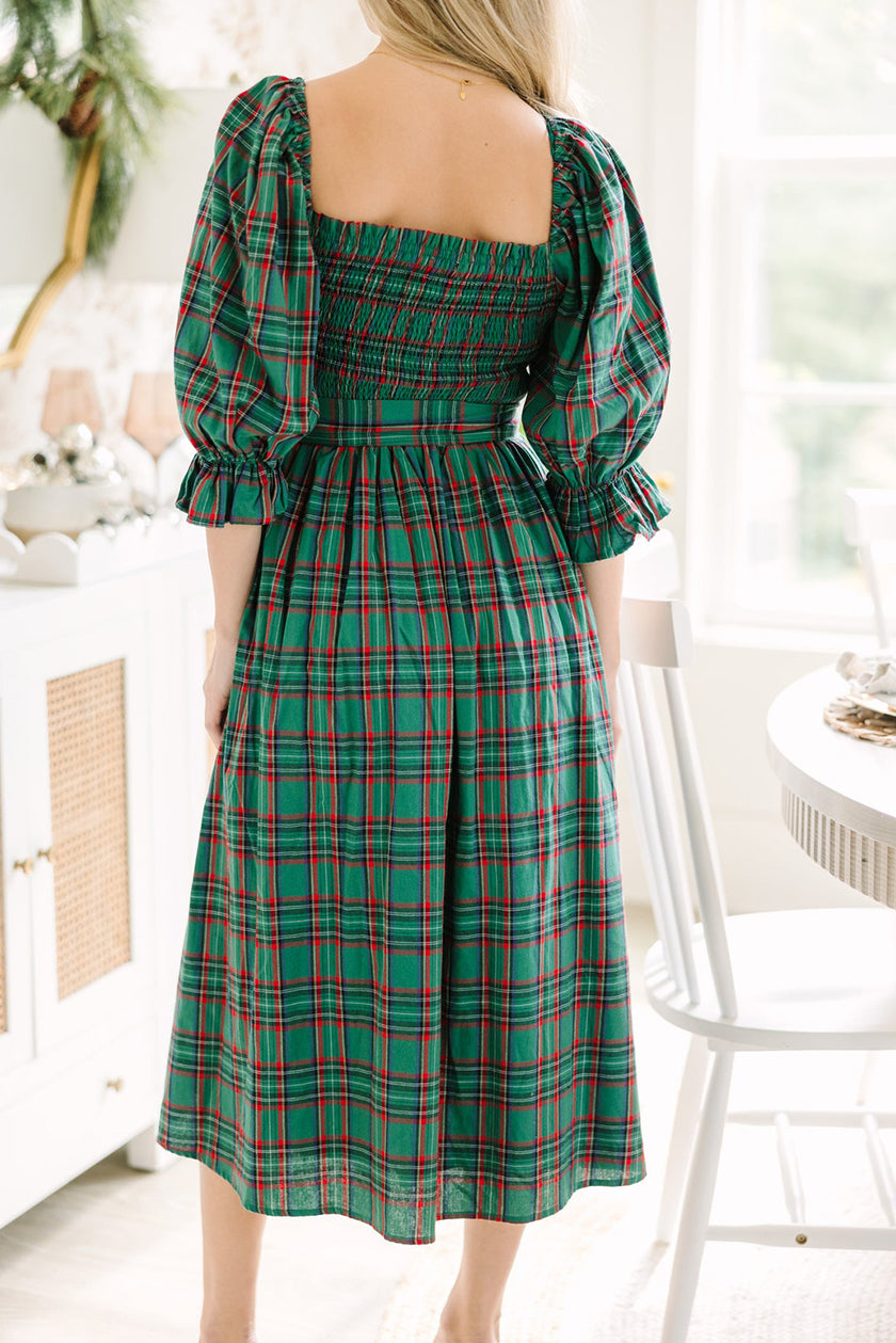 Green Tartan Plaid Square Neck Puff Sleeve Knot Waist Flared Midi Dress