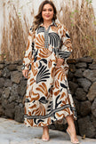 White Plus Size Abstract Print Contrast Collar Split Neck Shift Long Dress