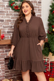 Coffee Plus Size Frilled Trim V Neck Puff Sleeve Textured Mini Dress
