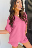 Apricot Textured V Neck T Shirt and Shorts Set