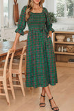 Green Tartan Plaid Square Neck Puff Sleeve Knot Waist Flared Midi Dress