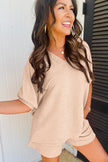 Apricot Textured V Neck T Shirt and Shorts Set