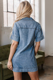 Blue Short Sleeve Collared Patched Pocket Denim Mini Dress