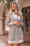 Khaki Leopard Print Zip up Collar Patchwork Shift Mini Dress