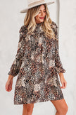 Brown Leopard Ruffled Detail Long Sleeve Loose Mini Dress