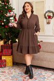 Coffee Plus Size Frilled Trim V Neck Puff Sleeve Textured Mini Dress