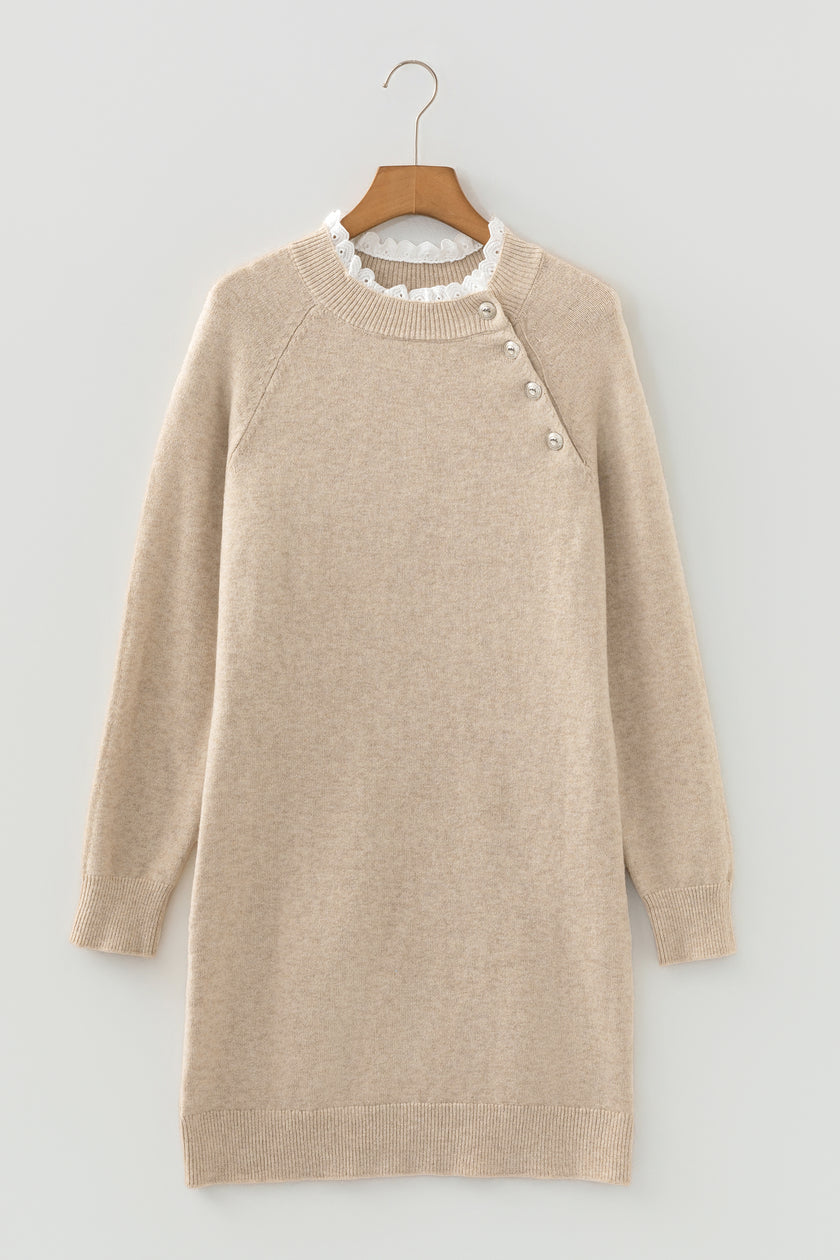 Parchment Button Lace Detail Raglan Sleeve Shift Mini Sweater Dress