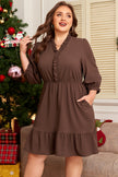 Coffee Plus Size Frilled Trim V Neck Puff Sleeve Textured Mini Dress