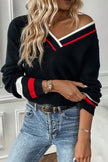 Black Contrast Striped Trim V Neck Drop Shoulder Sweater